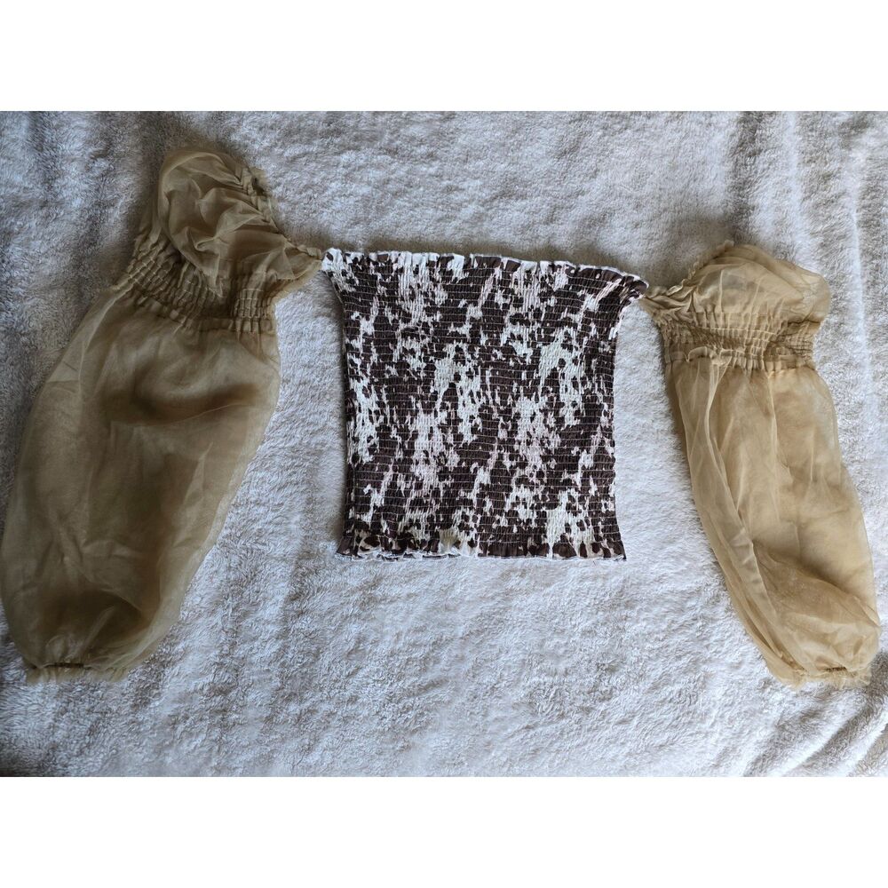 Olive Buttercup Cow Print Smocked Crop Top Sheer Puff Sleeve Set L